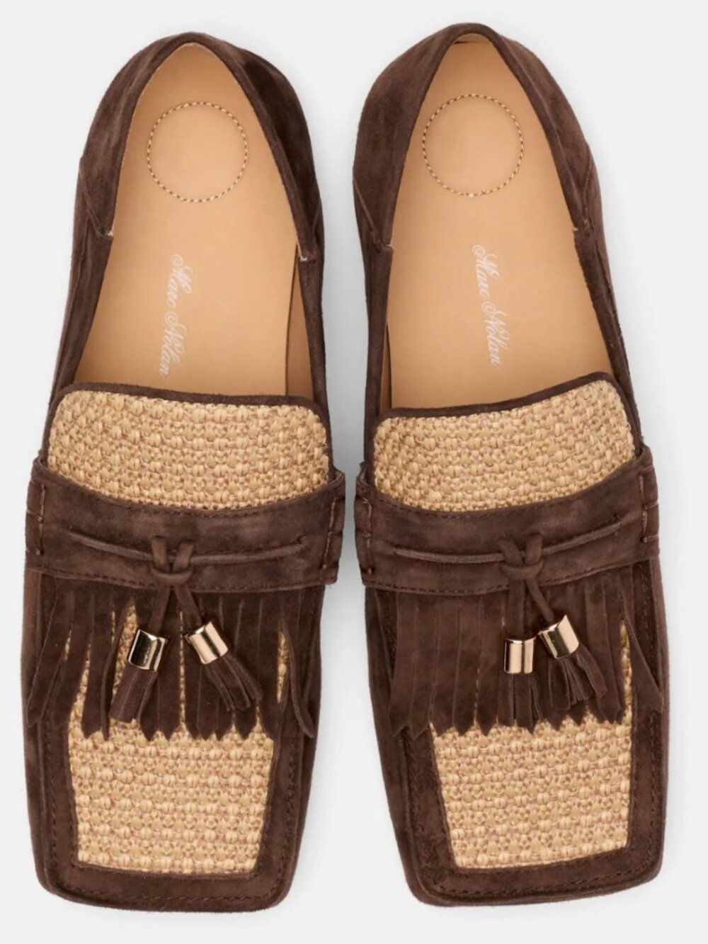 Marc Nolan Simone square-toed loafers - chocolate brown suede/raffia - EUC
